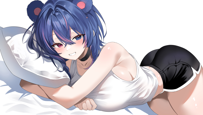 1girl, absurdres, animal_ear_fluff, bare_shoulders, bed_sheet, black_choker, black_shorts, blue_eyes, blue_hair, blush, breasts, character_request, choker, collarbone, commentary, commission, crossed_arms, crossed_bangs, dated_commentary, dolphin_shorts, hair_between_eyes, hair_intakes, heterochromia, highres, holding, holding_pillow, incredibly_absurdres, indie_virtual_youtuber, kekehaimahima, large_breasts, long_hair, looking_at_viewer, lying, on_stomach, parted_lips, pillow, pink_eyes, pink_streaks, shirt, shorts, sidelocks, simple_background, sleeveless, sleeveless_shirt, smile, solo, thighs, virtual_youtuber, white_background, white_shirt