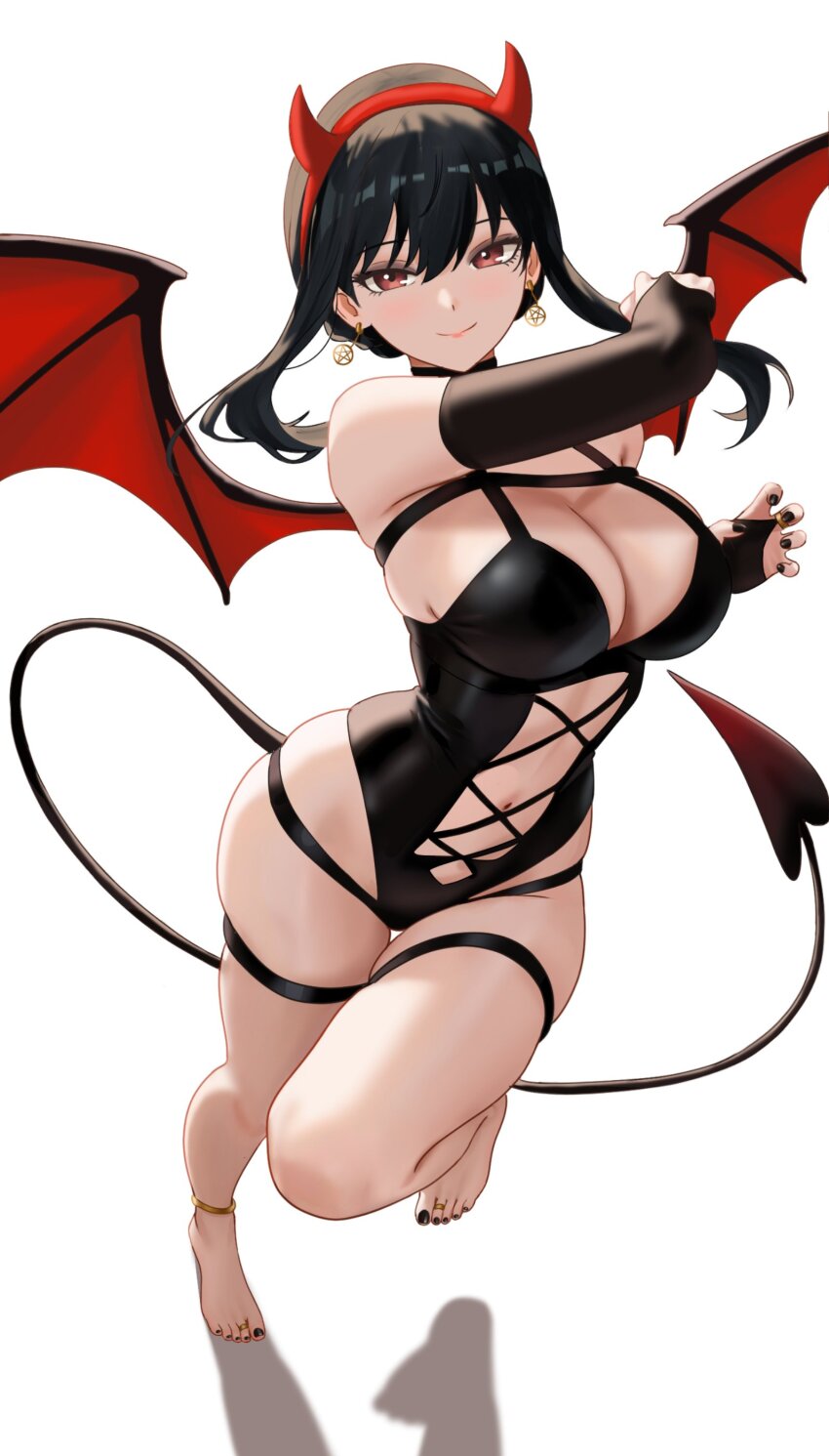 1girl, absurdres, anklet, bare_legs, bare_shoulders, barefoot, black_choker, black_gloves, black_hair, black_leotard, black_nails, breasts, bridal_gauntlets, choker, cleavage, clothing_cutout, commentary, demon_girl, demon_horns, demon_wings, earrings, elbow_gloves, english_commentary, fake_horns, feet, female_focus, gloves, hair_between_eyes, hairband, halloween_costume, highleg, highleg_leotard, highres, horn_hairband, horns, jewelry, large_breasts, legs, leotard, long_hair, looking_at_viewer, nail_polish, navel, nihu, pentagram_earrings, red_eyes, red_hairband, shadow, sidelocks, simple_background, skindentation, smile, solo, spy_x_family, standing, standing_on_one_leg, stomach_cutout, tail, thigh_gap, thighs, toe_ring, toenail_polish, toenails, toes, white_background, wings, yor_briar