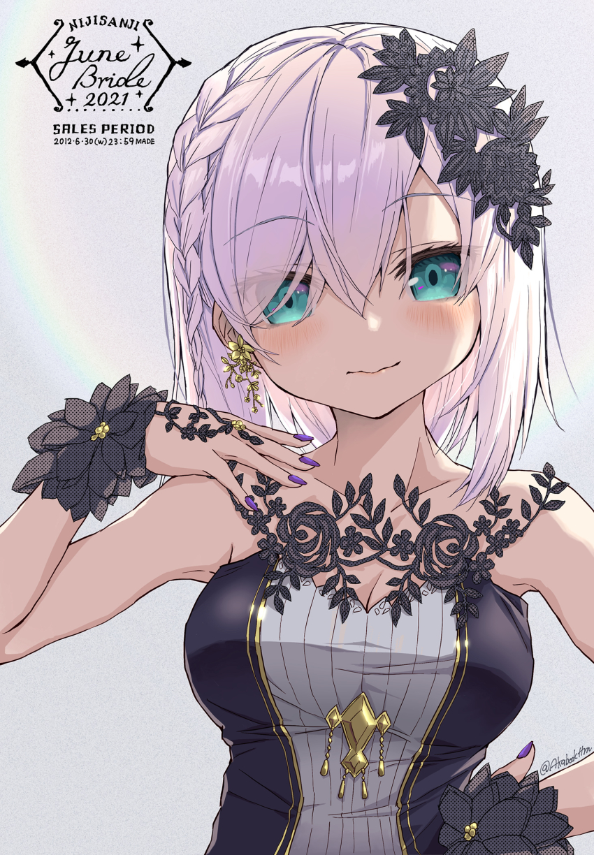 1girl, arm_up, ars_almal, bare_shoulders, black_dress, black_flower, black_wrist_cuffs, blue_eyes