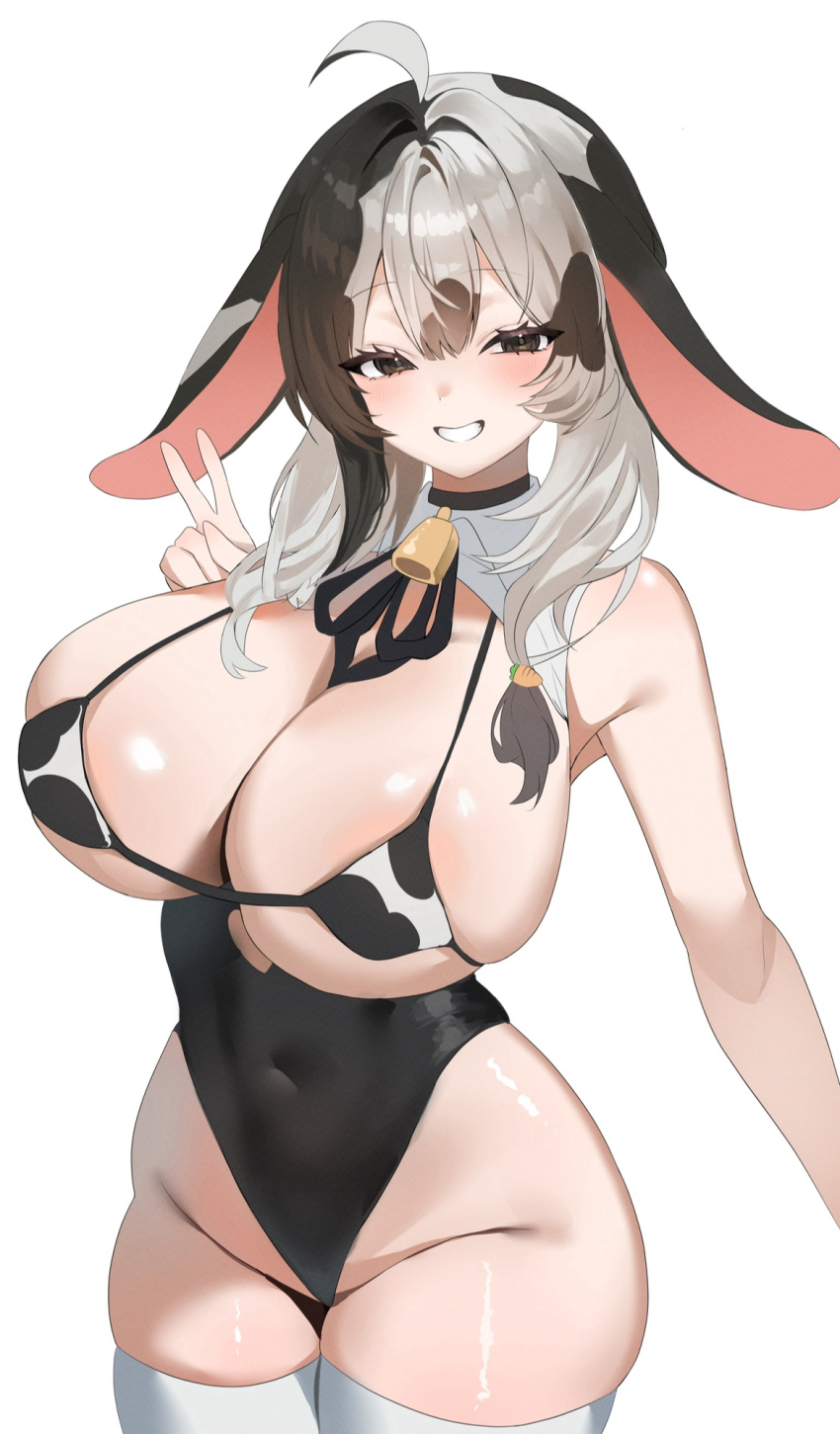 1girl, ahoge, animal_ears, animal_print, baejjal_(vtuber), bare_shoulders, bell, bikini, bikini_top_only, black_bikini, black_eyes, black_hair, black_leotard, blush, breasts, cleavage, commentary, covered_navel, cow_ears, cow_girl, cow_print, cow_print_thighhighs, cowbell, groin, hand_up, highleg, highleg_leotard, highres, huge_breasts, indie_virtual_youtuber, kekehaimahima, leotard, long_hair, looking_at_viewer, micro_bikini, multicolored_hair, neck_ribbon, parted_lips, print_thighhighs, ribbon, shirt, simple_background, smile, solo, string_bikini, swimsuit, untranslatable_commentary, thighhighs, thighs, v, virtual_youtuber, white_background, white_shirt, white_thighhighs