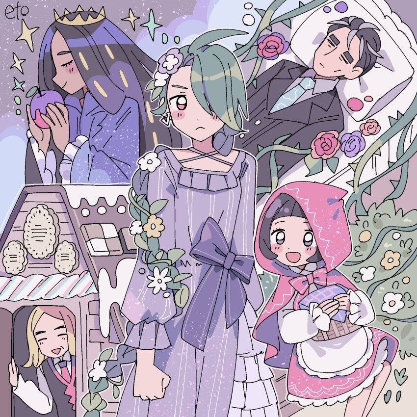 2boys, 3girls, :<, :d, alternate_costume, apple, apron, basket