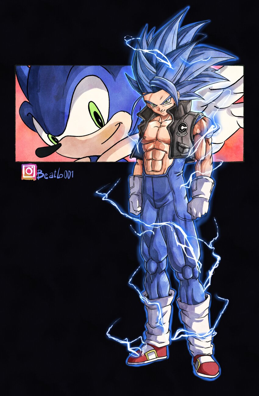 abs, absurdres, beatlo_(rodrigo38658978), blue_hair, capsule_corp, crackling_energy, cropped_jacket, dragon_ball