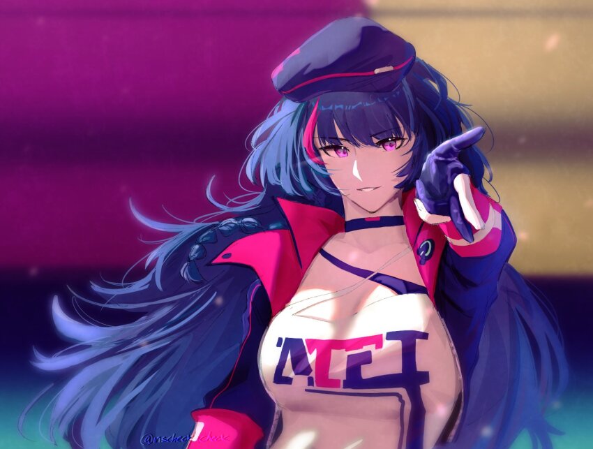 1girl, beret, breasts, choker, commentary, finger_gun, gloves, hat