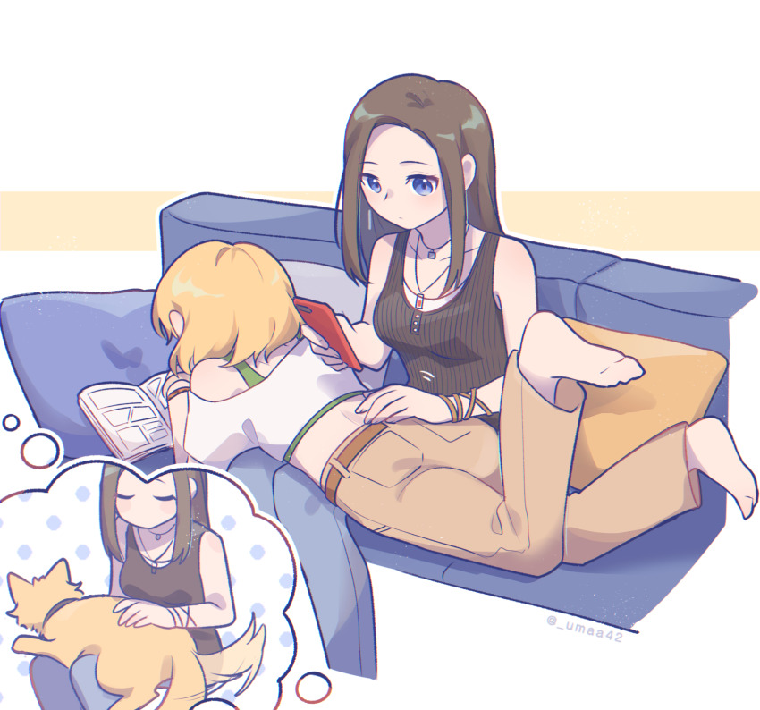 2girls, animalization, bang_dream!, bang_dream!_girls_band_party!, barefoot, belt, black_shirt, blonde_hair