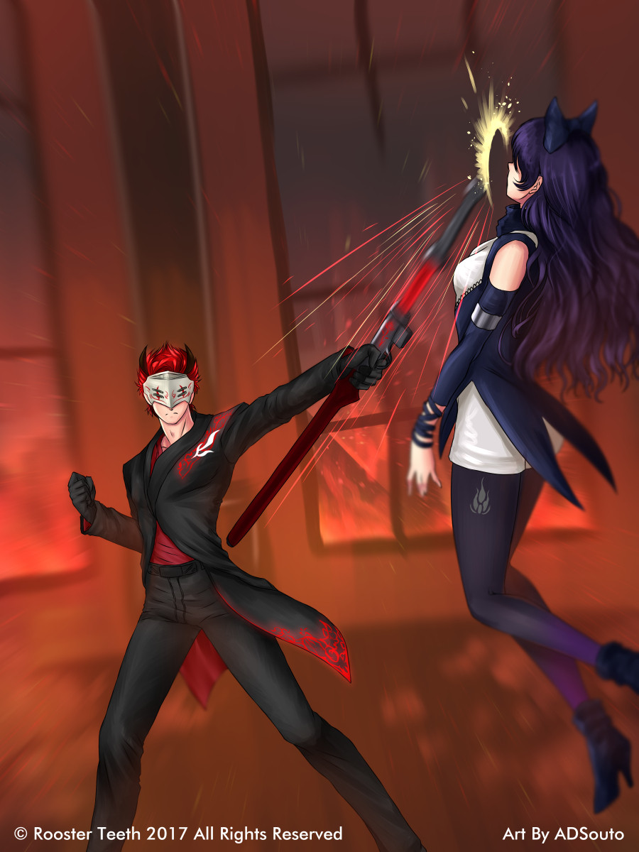 1boy, 1girl, adam_taurus, adsouto, arm_ribbon, artist_name, bare_shoulders, belt