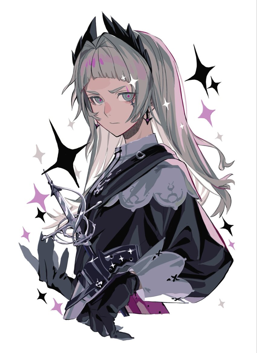 1girl, arched_bangs, arknights, black_gloves, black_shirt, closed_mouth, cropped_torso, earrings