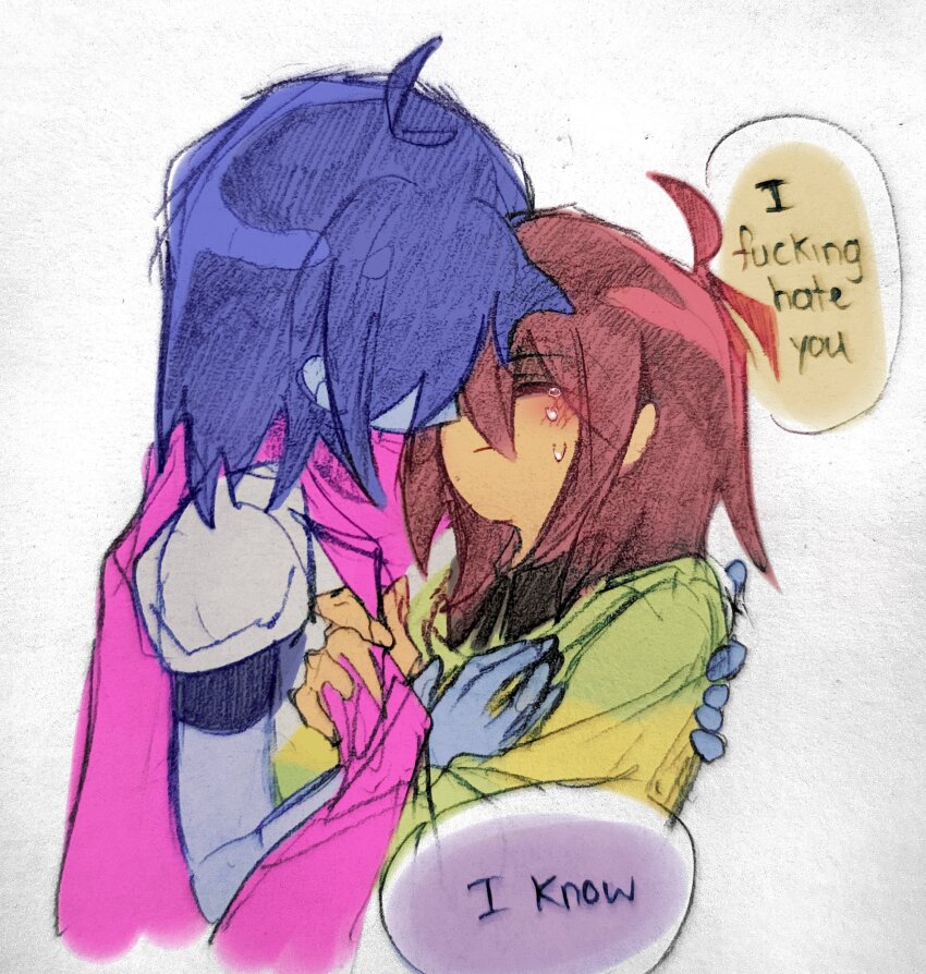 2others, absurdres, antenna_hair, armor, bare_arms, blue_hair, blue_skin, blush