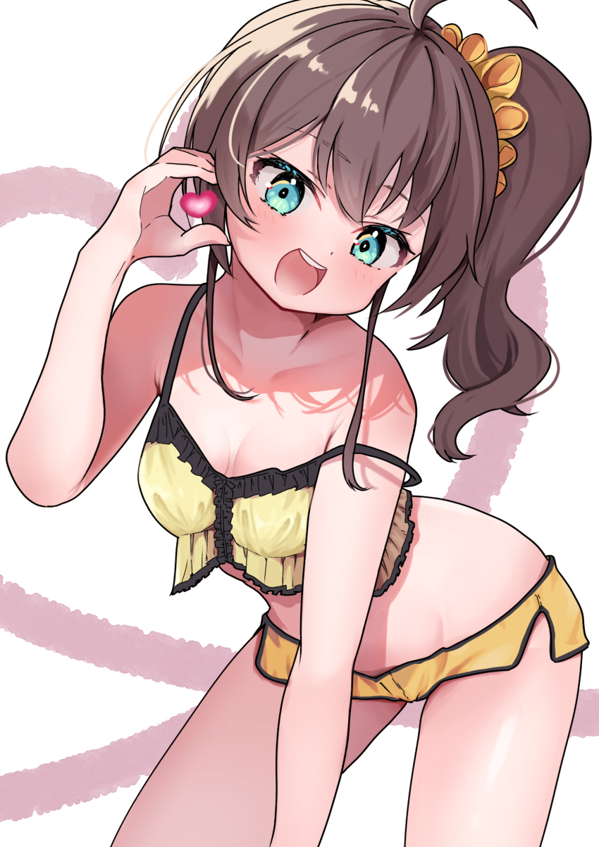 1girl, absurdres, ahoge, aqua_eyes, bare_shoulders, camisole, collarbone, dolphin_shorts, hair_ornament, hair_scrunchie, highres, hololive, looking_at_viewer, lossko, medium_hair, midriff, natsuiro_matsuri, natsuiro_matsuri_(matsuri's_day_off), official_alternate_costume, open_mouth, scrunchie, short_shorts, shorts, side_ponytail, simple_background, smile, solo, strap_slip, virtual_youtuber