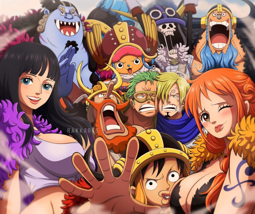 2025, 2girls, 6+boys, afro, alternate_costume, alternate_hairstyle, angry, antlers, artist_name, beard, black_capelet, black_hair, blonde_hair, blue_eyes, blue_hair, blunt_bangs, blush, braid, breasts, brook_(one_piece), brook_(one_piece)_(elbaf), brown_eyes, capelet, cleavage, curly_eyebrows, face_to_breasts, facial_hair, fake_beard, fake_facial_hair, fake_horns, franky_(one_piece), franky_(one_piece)_(elbaf), fur-trimmed_capelet, fur_capelet, fur_trim, goggles, green_hair, group_picture, hair_over_one_eye, happy, helmet, highres, horned_helmet, horns, jinbe_(one_piece), jinbe_(one_piece)_(elbaf), large_breasts, looking_at_viewer, monkey_d._luffy, monkey_d._luffy_(elbaf), multiple_boys, multiple_girls, nami_(one_piece), nami_(one_piece)_(elbaf), nico_robin, nico_robin_(elbaf), official_alternate_costume, official_alternate_hairstyle, one_eye_closed, one_piece, open_mouth, orange_hair, purple_capelet, rakara11_(rakkarts), red_capelet, reindeer, roronoa_zoro, roronoa_zoro_(elbaf), sanji_(one_piece), sanji_(one_piece)_(elbaf), side_braid, skeleton, smile, straw_hat_pirates, teeth, tongue, tongue_out, tony_tony_chopper, tony_tony_chopper_(elbaf), usopp, usopp_(elbaf), veins, viking, viking_helmet, wink, yellow_capelet