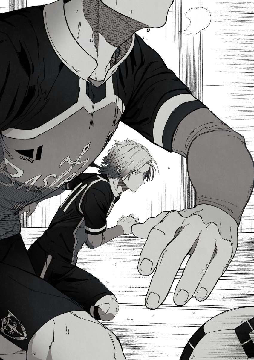 2boys, absurdres, ball, bastard_munchen_soccer_uniform, blue_lock, greyscale, highres, isagi_yoichi, looking_at_another, male_focus, michael_kaiser, monochrome, motion_lines, multiple_boys, rrck, running, short_hair_with_long_locks, soccer, soccer_ball, soccer_uniform, sportswear, sweat