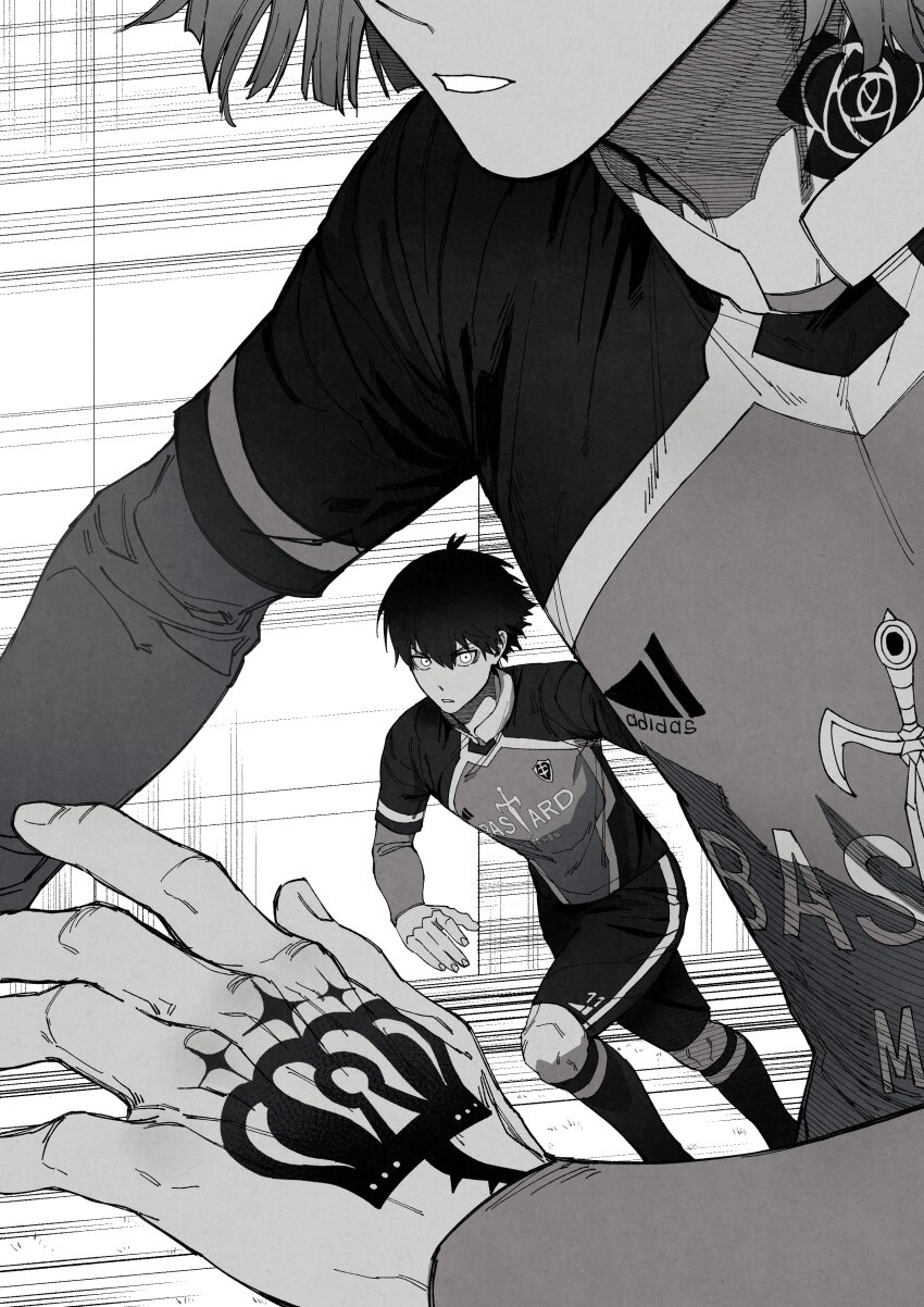 2boys, absurdres, bastard_munchen_soccer_uniform, blue_lock, crown_tattoo, flower_tattoo, greyscale, hand_tattoo