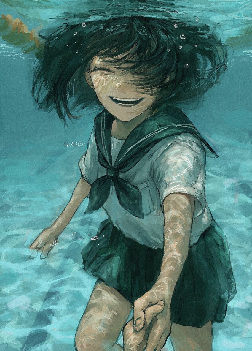 1girl, 1other, ^_^, artist_name, black_hair, black_neckerchief, black_sailor_collar, black_skirt