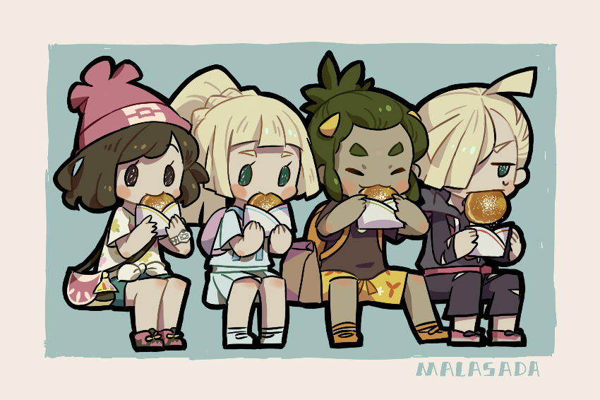 2boys, 2girls, black_hair, blonde_hair, blush_stickers, closed_eyes, deformed, eating