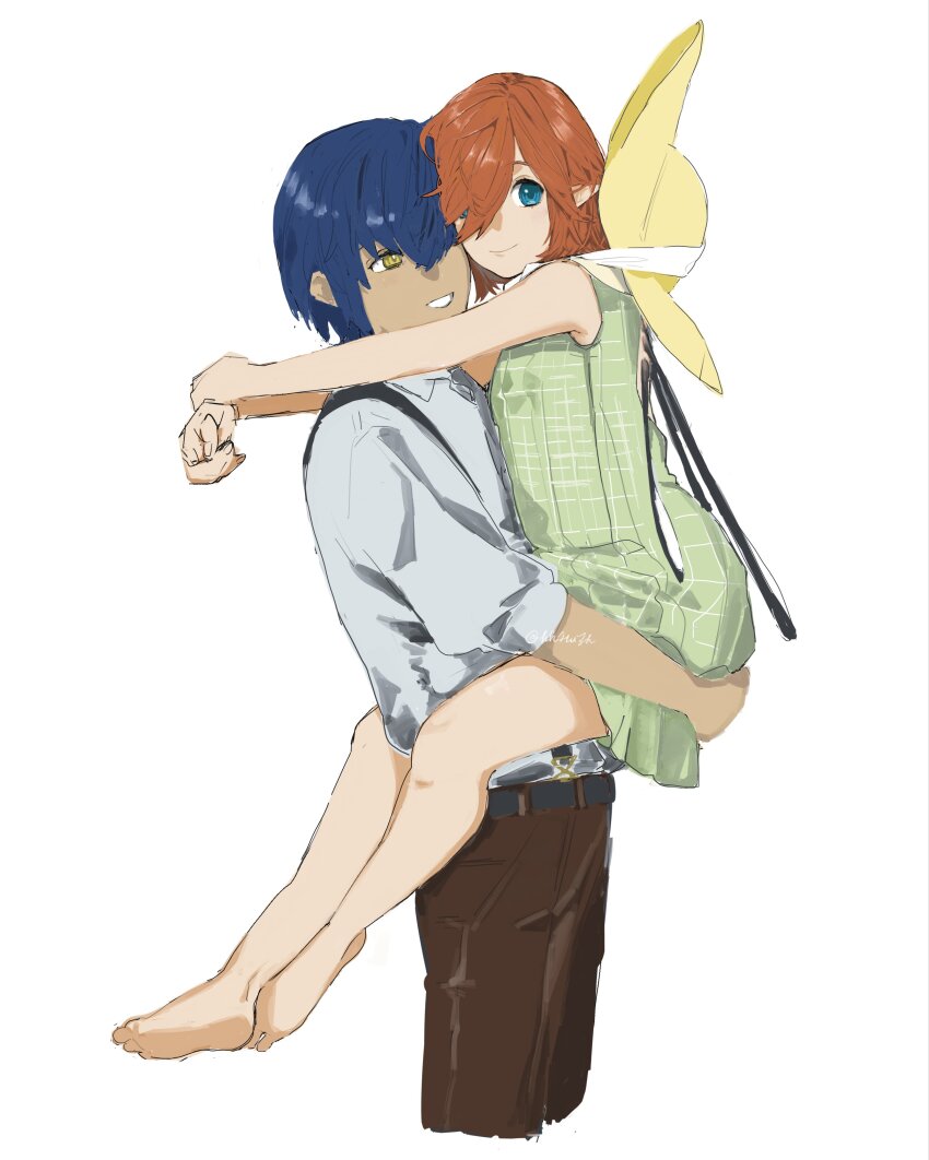 1boy, 1girl, absurdres, arms_around_neck, bare_legs, barefoot, blue_eyes, blue_hair, brown_pants, carrying, carrying_person, closed_mouth, commentary_request, dress, from_side, gallica_(metaphor:_refantazio), green_dress, hat, heads_together, hhhuzh, highres, leg_lock, lifting_person, looking_at_another, looking_at_viewer, metaphor:_refantazio, orange_hair, pants, parted_lips, pointy_ears, protagonist_(metaphor:_refantazio), shirt, short_hair, sleeveless, sleeveless_dress, smile, standing, suspenders, twitter_username, unworn_hat, unworn_headwear, white_background, white_shirt, yellow_eyes, yellow_hat