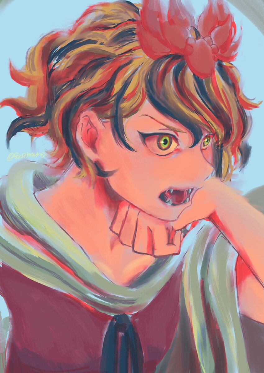 1girl, 929mura, analogous_colors, angry, fangs, hair_ornament, hand_on_own_chin, highres