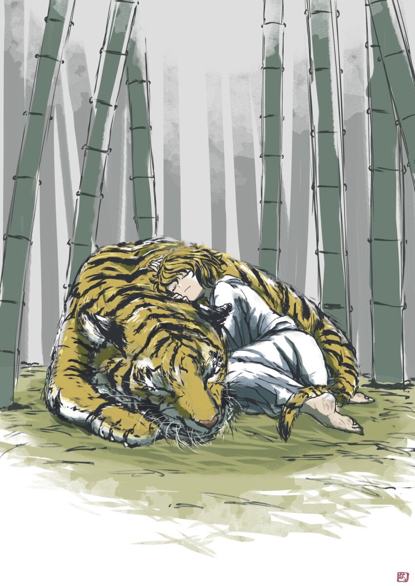 1girl, 929mura, bamboo, bamboo_forest, barefoot, cuddling_animal, forest, full_body