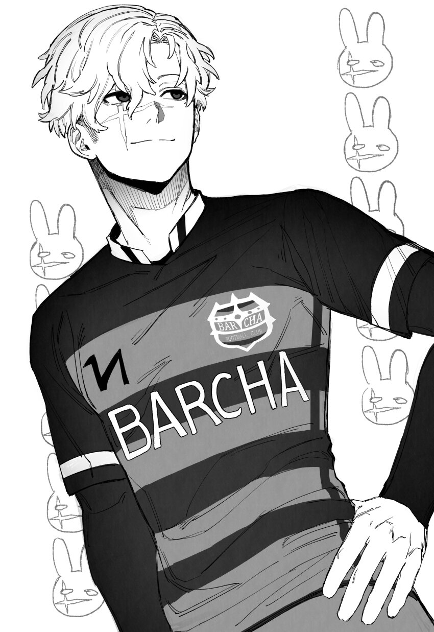 1boy, absurdres, blue_lock, bunny_iglesias, compression_sleeve, fc_barcha_soccer_uniform, from_below, greyscale, hand_on_own_hip, highres, male_focus, monochrome, rrck, scar, scar_across_eye, scar_on_face, scar_on_nose, short_hair, simple_background, soccer_uniform, solo, sportswear, white_background
