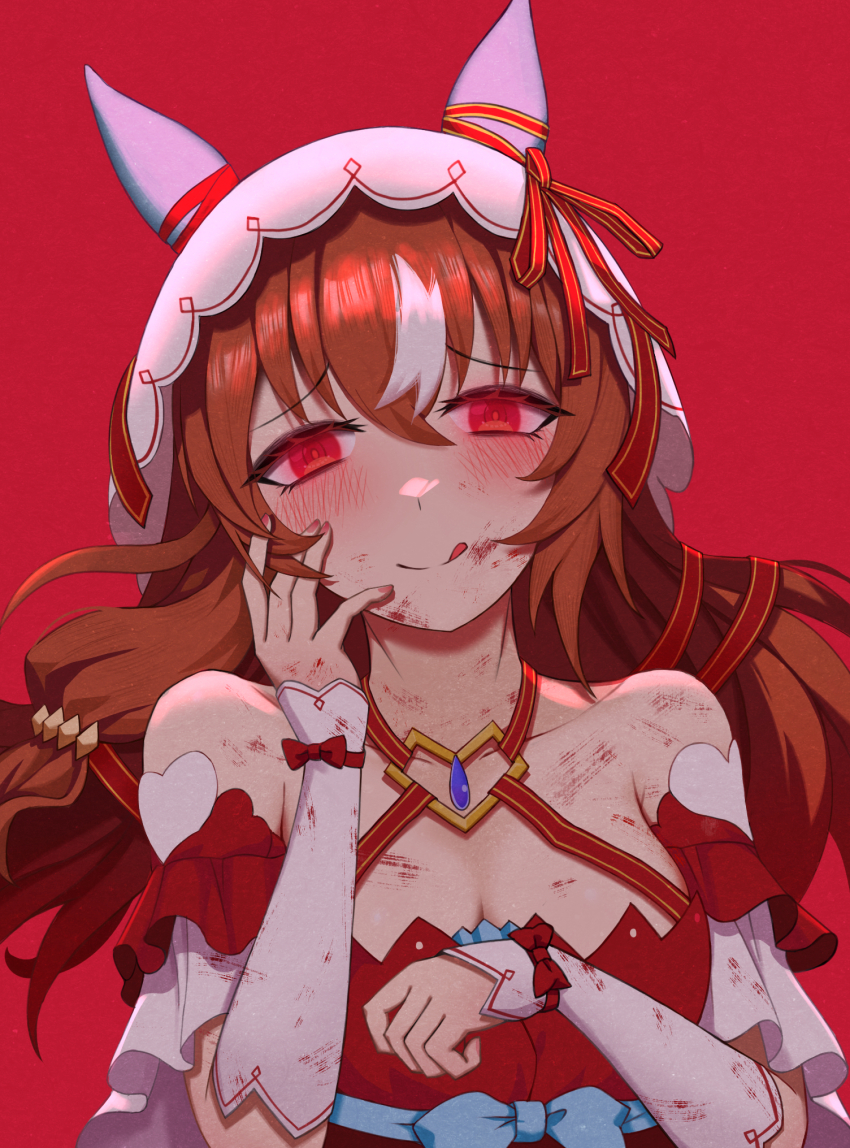 1girl, animal_ears, bare_shoulders, blush, bow, breasts, brown_hair, closed_mouth