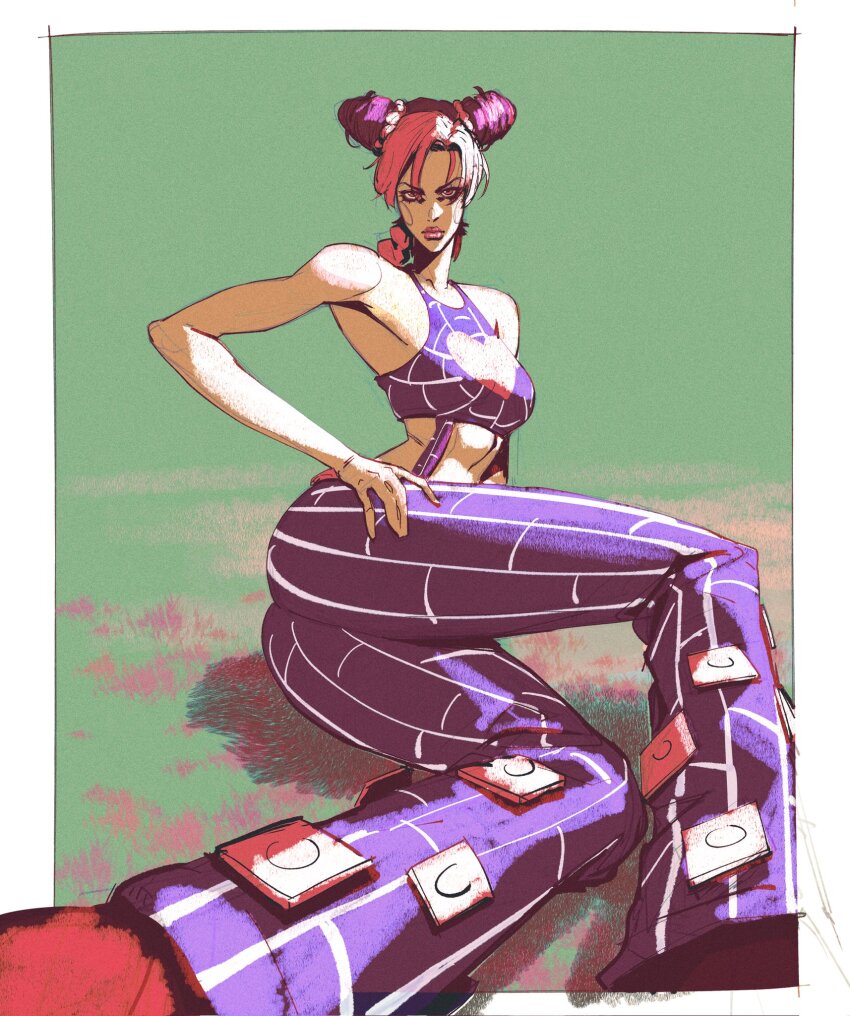 1girl, black_hair, blue_pants, blue_tank_top, border, braid, braided_ponytail, breasts