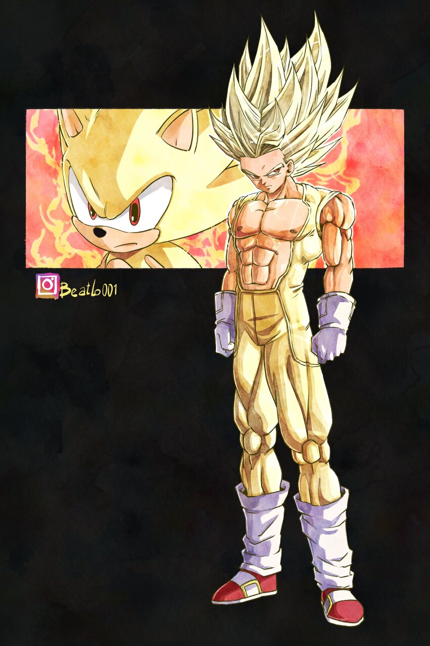 1boy, absurdres, alternate_form, aura, beatlo_(rodrigo38658978), black_background, blonde_hair, dragon_ball