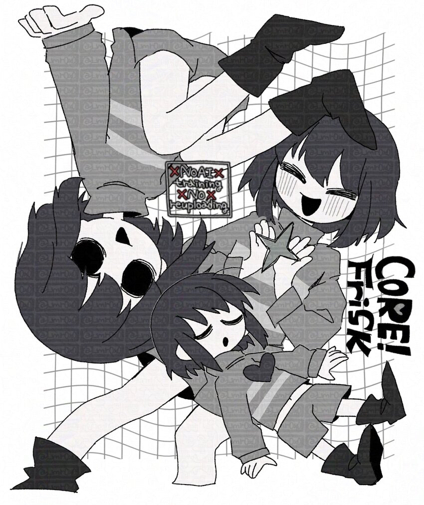 1other, :d, :o, ^_^, alternate_universe, ankle_boots, bare_legs, bob_cut, boots, character_name, closed_eyes, core_frisk, cropped_legs, facing_viewer, frisk_(undertale), full_body, greyscale, grid_background, hair_between_eyes, hands_up, hashtag-only_commentary, heart, highres, hollow_eyes, knees_up, long_sleeves, monochrome, mr0x0, multiple_views, navel, open_mouth, other_focus, puffy_long_sleeves, puffy_sleeves, short_hair, shorts, simple_background, sitting, smile, sparkle, striped_clothes, striped_sweater, sweater, too_many_watermarks, turtleneck, turtleneck_sweater, u_u, undertale, upside-down, utdr_(toby_fox), watermark, white_background