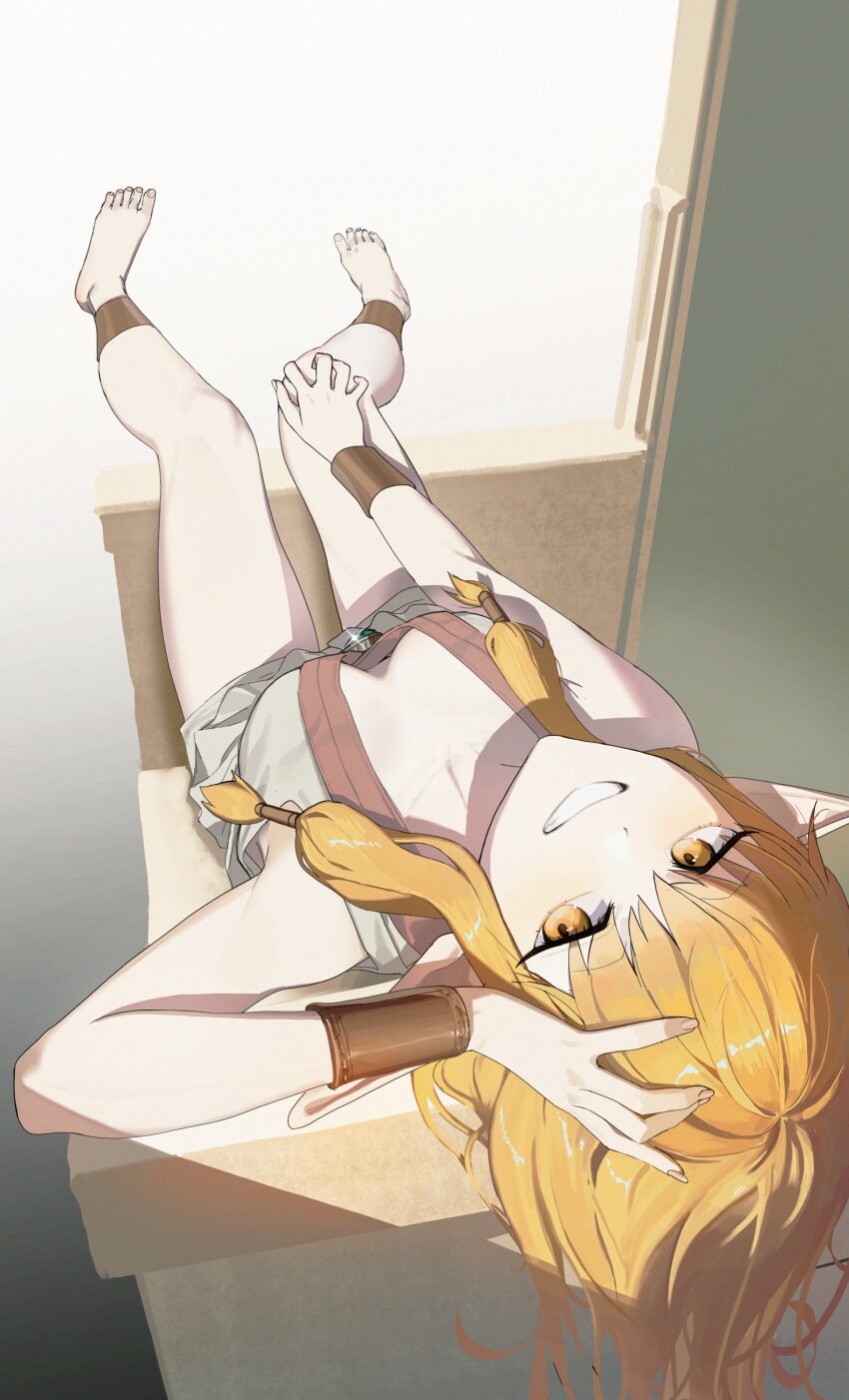 1girl, absurdres, anklet, armlet, bangle, barefoot, blonde_hair, bracelet, breasts, cleavage, coierah, commentary, commentary_request, highres, jewelry, long_hair, medium_breasts, mixed-language_commentary, serie_(sousou_no_frieren), sidelocks, smile, smirk, solo, sousou_no_frieren, teeth, upside-down, yellow_eyes