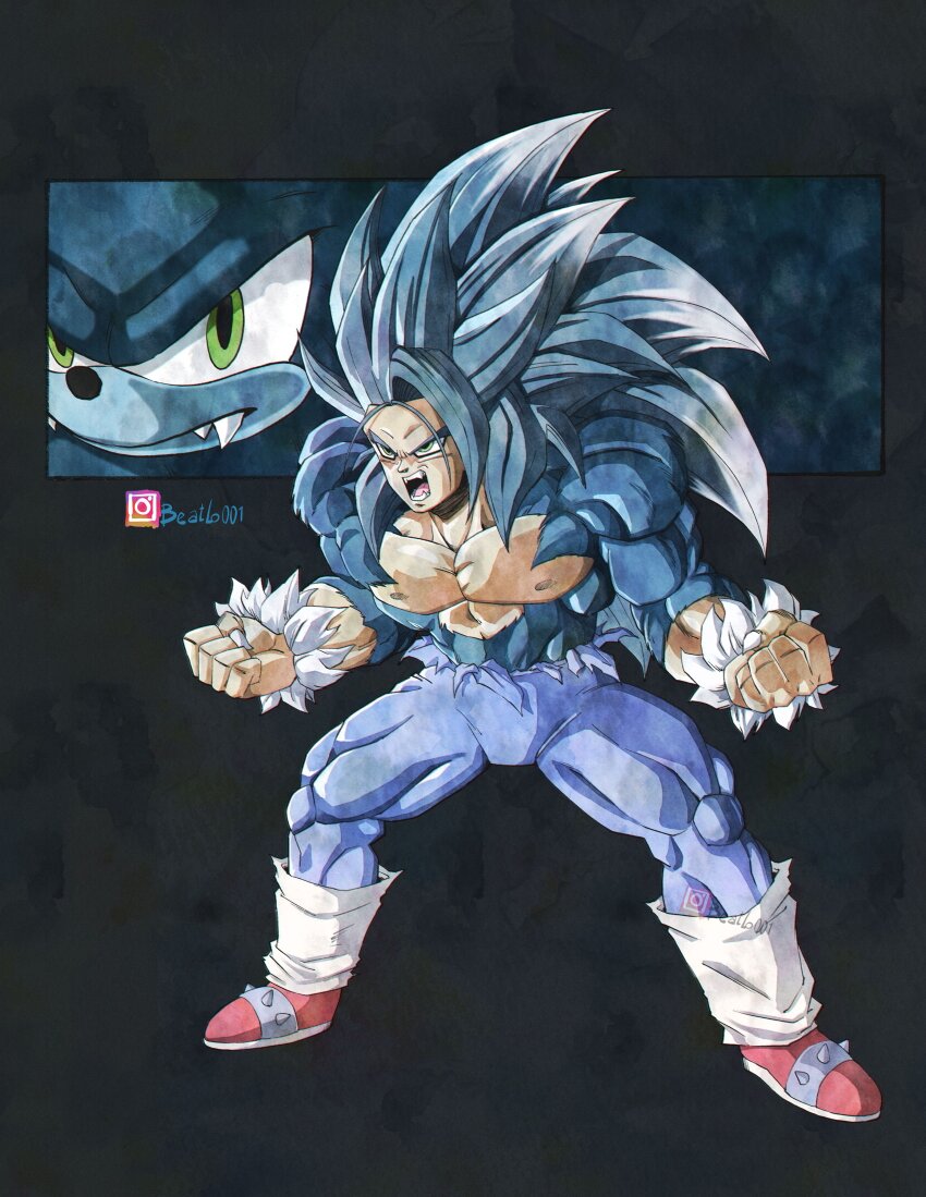 absurdres, alternate_form, beatlo_(rodrigo38658978), black_background, blue_fur, blue_hair, clenched_hand, dragon_ball, dragon_ball_daima, fangs, fingernails, full_body, humanoid_and_humanization, green_eyes, highres, humanization, instagram_username, leg_warmers, looking_at_viewer, muscular, muscular_male, open_mouth, sharp_fingernails, shoes, sonic_(series), sonic_the_hedgehog, sonic_the_werehog, spiked_hair, spiked_shoes, spikes, topless_male, v-shaped_eyebrows