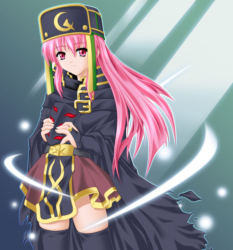 1girl, 2000s_(style), abysmal_knight, armor, black_armor, black_bridal_gauntlets, black_cape, black_thighhighs, bridal_gauntlets, brown_skirt, cape, closed_mouth, commentary_request, cowboy_shot, genderswap, genderswap_(mtf), green_background, helmet, holding, holding_mask, humanization, long_hair, looking_at_viewer, mask, mikazuki_botan, pink_eyes, pink_hair, ragnarok_online, skirt, smile, solo, thighhighs