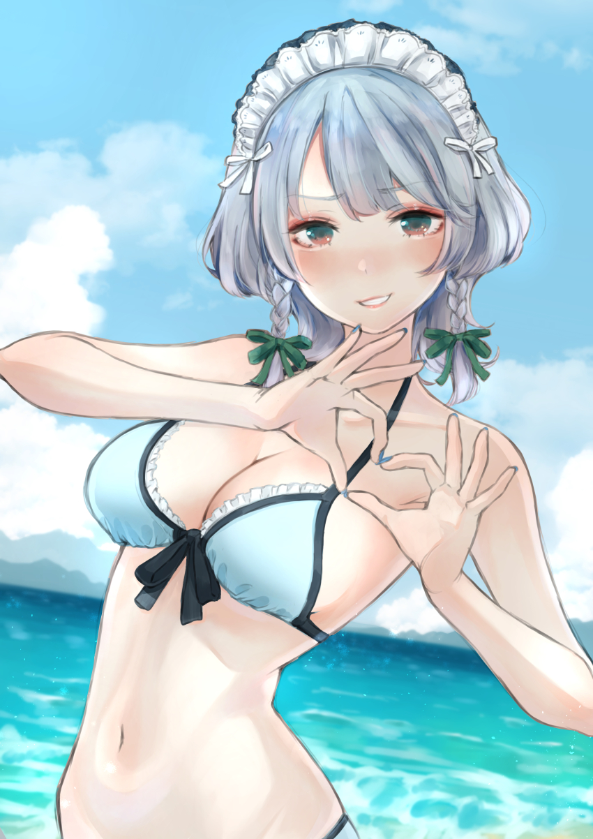 1girl, absurdres, alternate_costume, armpit_peek, bare_arms, bikini, blush, braid