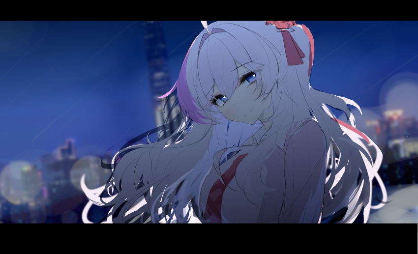 1girl, absurdres, ahoge, blue_eyes, breasts, cardigan, city, city_lights