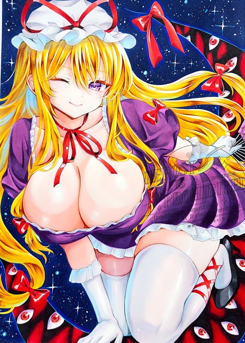 1girl, black_shoes, blonde_hair, breasts, choker, cleavage, collarbone, commentary_request