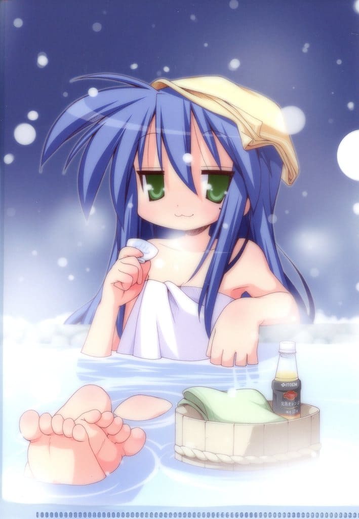 1girl, arm_rest, artist_request, barefoot, bath, blue_background, blue_hair, cup