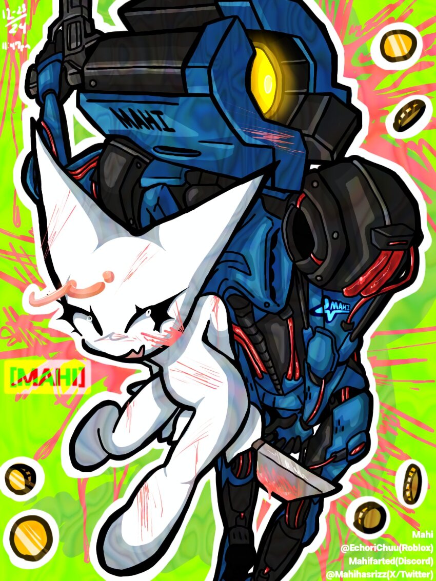 2others, animal_ears, black_eyes, blood, blush, cat_ears, coin, commentary, crossover, distortion, english_commentary, eyelashes, femtanyl_(musician), full_body, furry, green_background, highres, holding, holding_knife, humanoid_robot, knife, mahihasrizz, multiple_others, other_focus, outline, robot, simple_background, token_(femtanyl), ultrakill, v1_(ultrakill), watermark, white_fur, white_outline