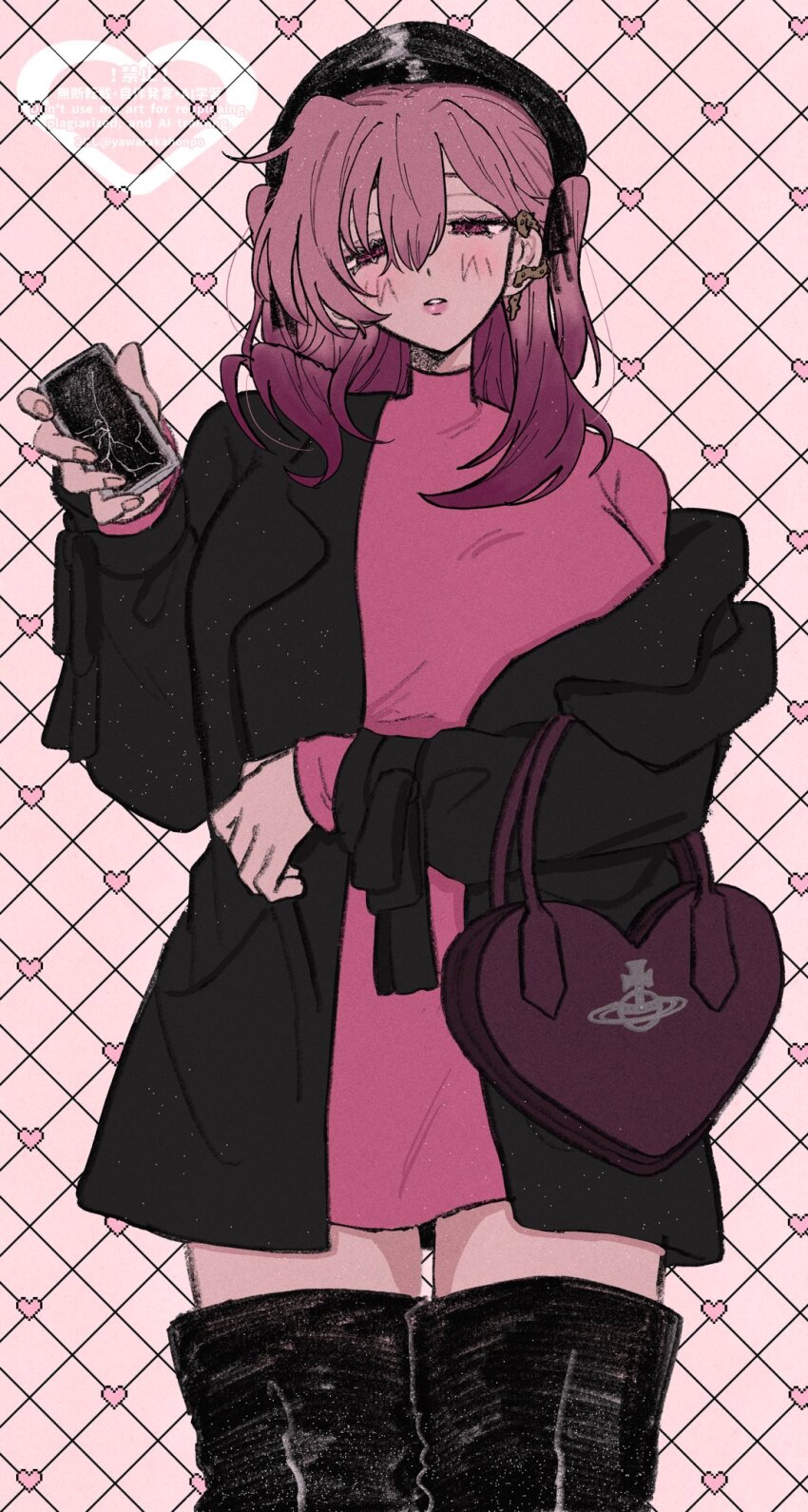 1girl, bag, beret, black_jacket, black_thighhighs, blush, boots, breasts