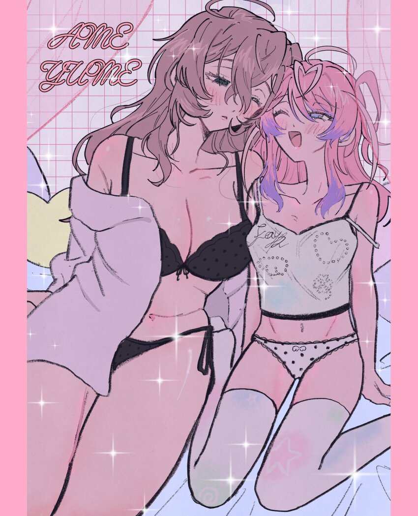 2girls, absurdres, amemura_ramuda, antenna_hair, black_bra, black_panties, blue_eyes, blue_hair, blush, border, bra, breasts, brown_hair, camisole, cleavage, curvy, genderswap, genderswap_(mtf), gradient_hair, heart, highres, hypnosis_mic, jacket, jacket_partially_removed, large_breasts, long_hair, looking_at_another, multicolored_hair, multiple_girls, navel, ni_(yawarakahonpo), one_eye_closed, open_mouth, panties, pink_border, pink_hair, plump, shirt, side-tie_panties, sitting, smile, sparkle, thighhighs, underwear, wariza, white_panties, white_shirt, white_thighhighs, yumeno_gentaro, yuri