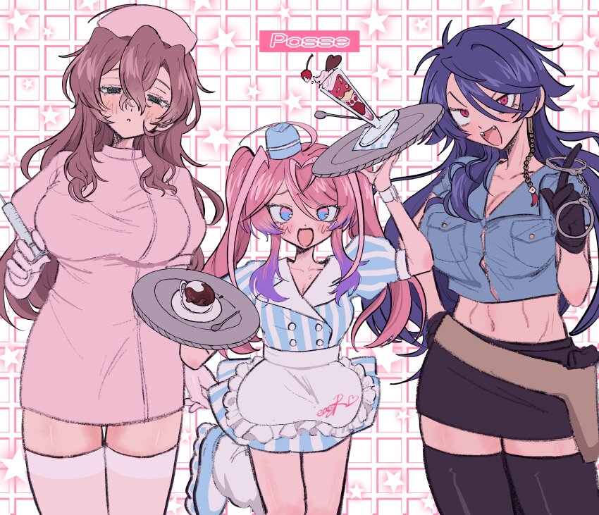 3girls, absurdres, amemura_ramuda, apron, arisugawa_dice, black_gloves, black_skirt, black_thighhighs