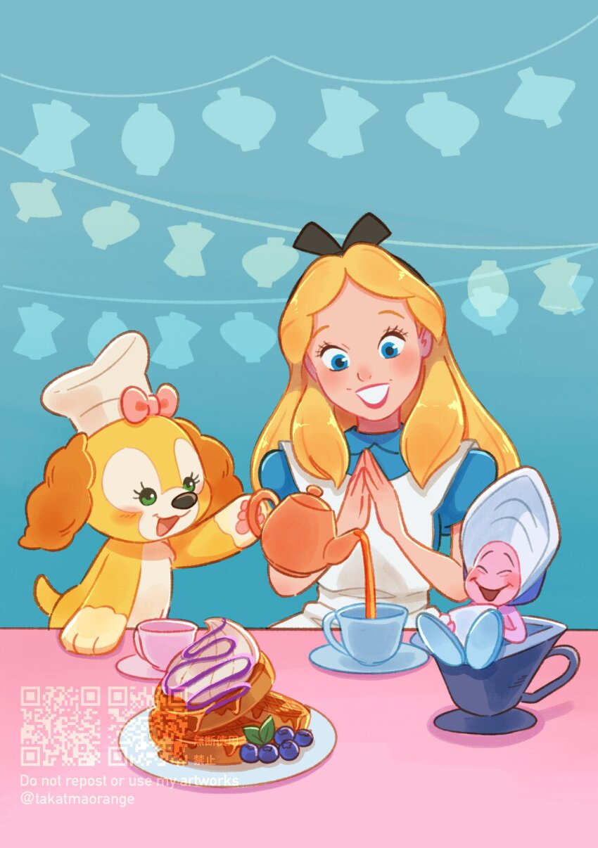 2girls, alice_(disney), alice_in_wonderland_(disney), animal_ears, animification, apron, blonde_hair, blue_dress, bow, commentary_request, cookieann, dog_ears, dog_girl, dress, duffy_and_friends, hairband, highres, long_hair, multiple_girls, oyster_(alice_in_wonderland), personification, short_sleeves, smile, takatmaorange, white_apron