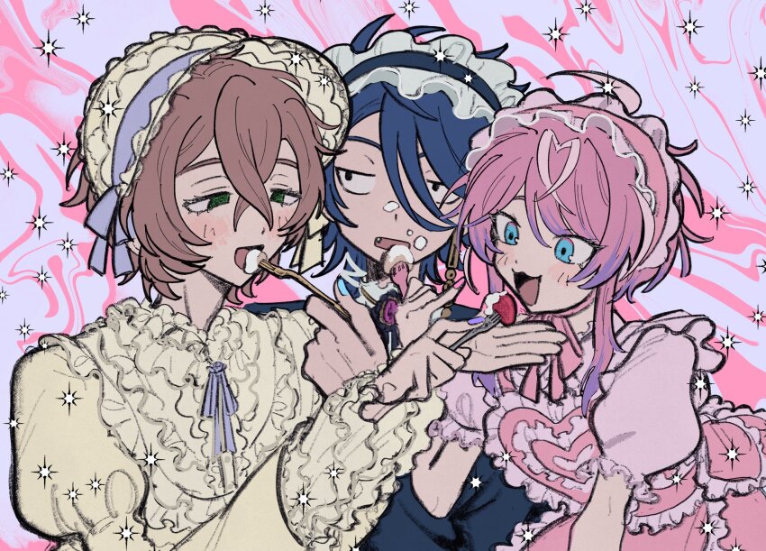 3boys, accurate_lolita_coord, amemura_ramuda, arisugawa_dice, blue_eyes, blue_hair, blush, bonnet