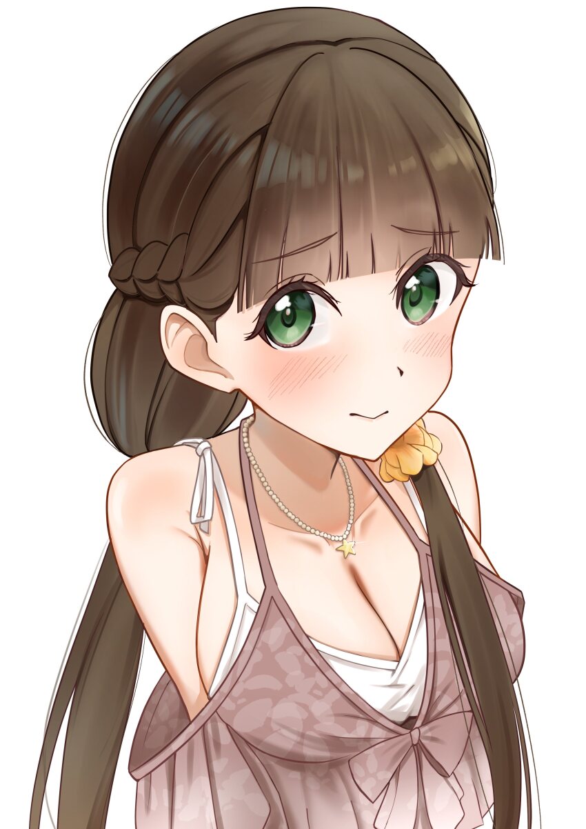 1girl, absurdres, bare_shoulders, bikini, blush, braid, breasts, brown_hair, cleavage, collarbone, commentary_request, embarrassed, green_eyes, half_up_braid, half_updo, highres, jewelry, large_breasts, looking_at_viewer, love_live!, love_live!_days:_love_live!_general_magazine, love_live!_superstar!!, low_twintails, nanakussa, necklace, official_alternate_costume, raised_inner_eyebrows, sakurakoji_kinako, solo, star_(symbol), star_necklace, star_pendant, string_bikini, swimsuit, twintails, white_bikini