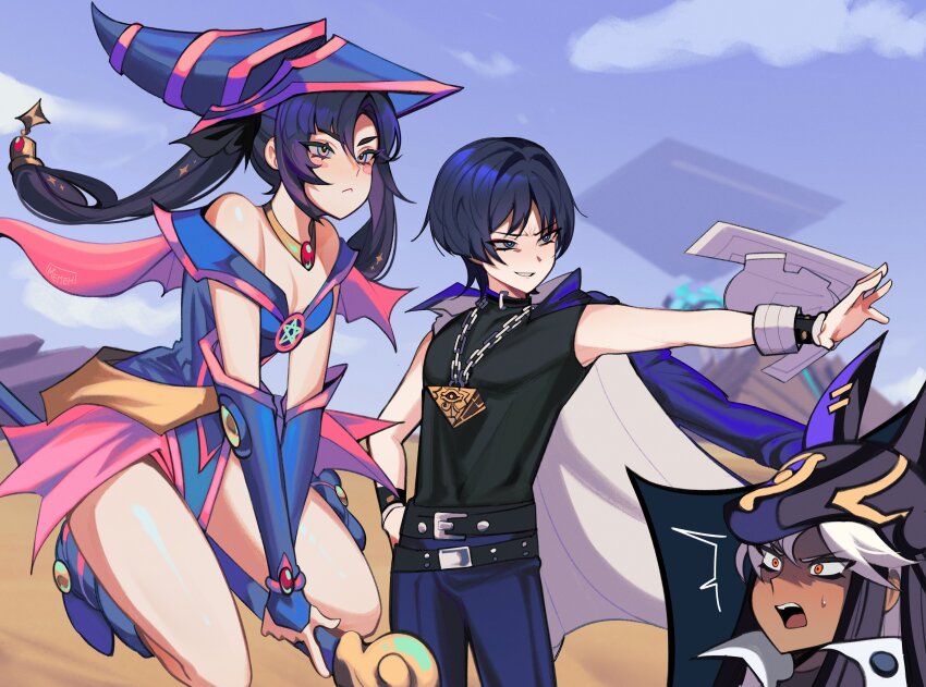 1boy, 1girl, 2boys, absurdres, bare_shoulders, black_hair, black_shirt, blue_boots