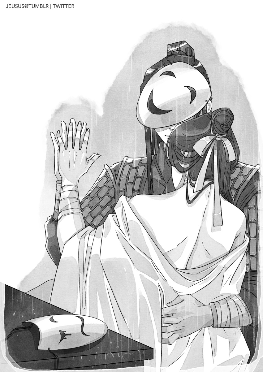 2boys, absurdres, armor, artist_name, bandaged_neck, bandaged_wrist, bandages, bare_back