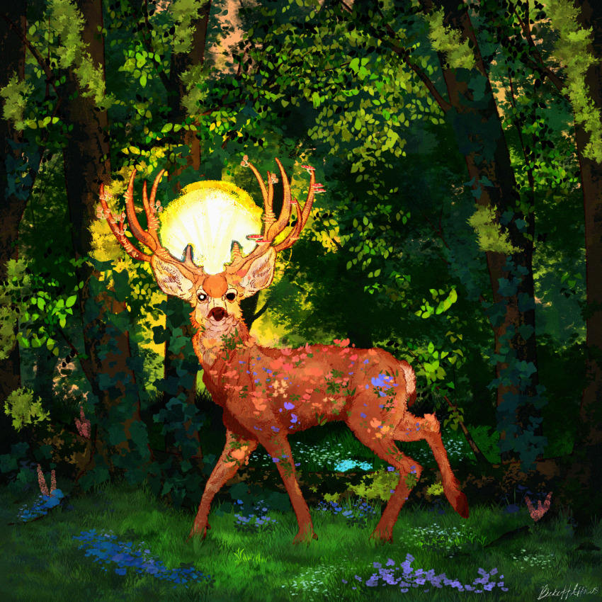 alt_text, animal, animal_focus, black_eyes, blue_flower, bright_pupils, bush, closed_mouth, commentary, dappled_sunlight, deer, english_commentary, evening, flower, forest, foxbirdy, full_body, grass, green_background, growing_out_of_body, halo, heterochromia, highres, ivy, leaf, looking_at_viewer, mismatched_pupils, mushroom, nature, no_humans, orange_sky, original, outdoors, pink_flower, plant, plant_horns, procreate_(medium), realistic, red_flower, scenery, signature, sky, smile, sunlight, tree, vines, white_pupils, yellow_flower, yellow_halo