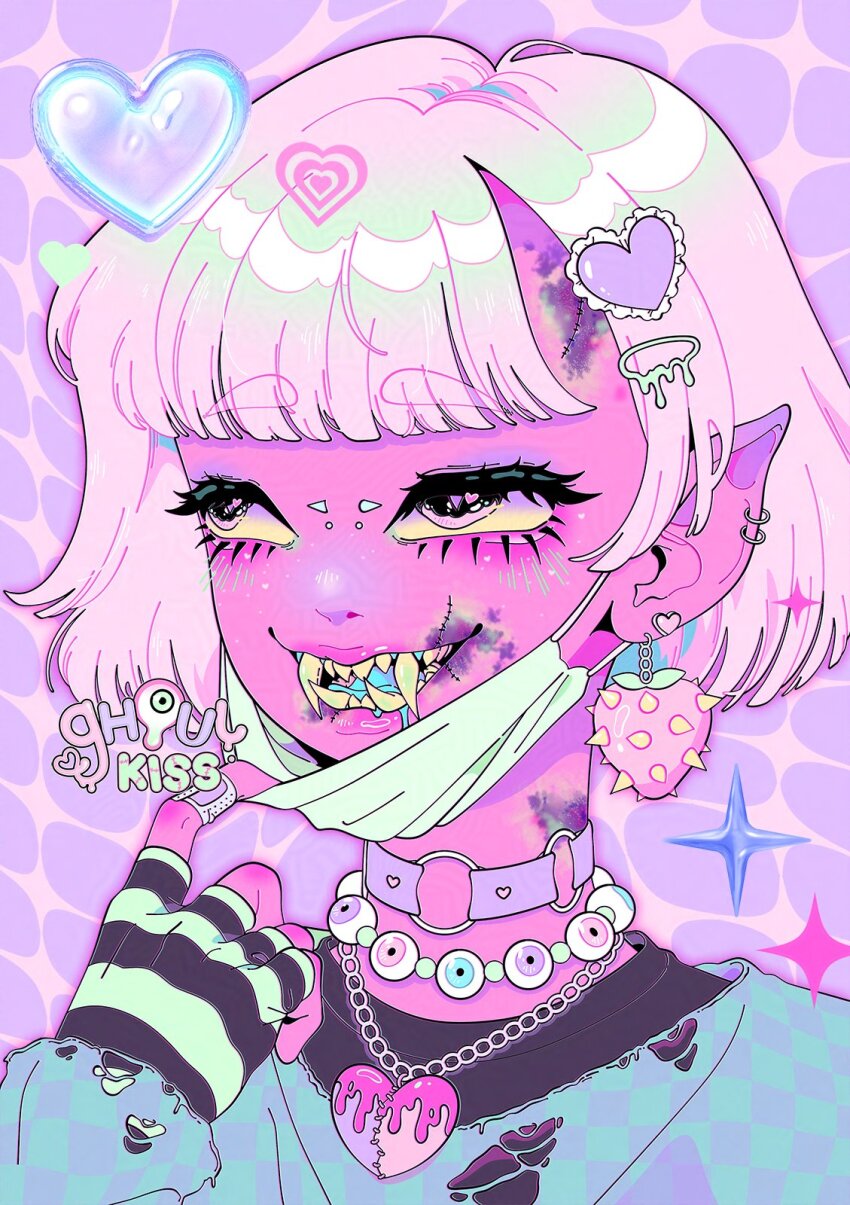 1girl, artist_logo, artist_name, bandaid, bandaid_on_finger, bandaid_on_hand, black_gloves, black_shirt, blue_shirt, blue_tongue, blunt_bangs, blush, bridge_piercing, bruise, bruise_on_face, bruise_on_neck, collar, colored_blush, colored_sclera, colored_skin, colored_tongue, commentary, ear_piercing, earrings, english_commentary, eyeball_necklace, face_piercing, fangs, fingerless_gloves, food-themed_earrings, food_themed_earrings, ghoulkiss, gloves, gradient_sclera, green_gloves, green_hair, green_mask, green_shirt, hair_ornament, heart, heart_hair_ornament, heart_necklace, highres, injury, jewelry, logo, long_sleeves, makeup, mask, mask_pull, monster_girl, mouth_mask, multicolored_hair, multiple_necklaces, necklace, open_mouth, original, pastel_colors, piercing, pink_background, pink_eyes, pink_hair, pink_skin, pointy_ears, purple_background, purple_collar, purple_sclera, scene_fashion, shirt, short_hair, smile, solo, sparkle, stitched_face, stitches, strawberry_earrings, striped_clothes, striped_gloves, surgical_mask, teeth, torn_clothes, torn_shirt, two-tone_hair, yellow_sclera
