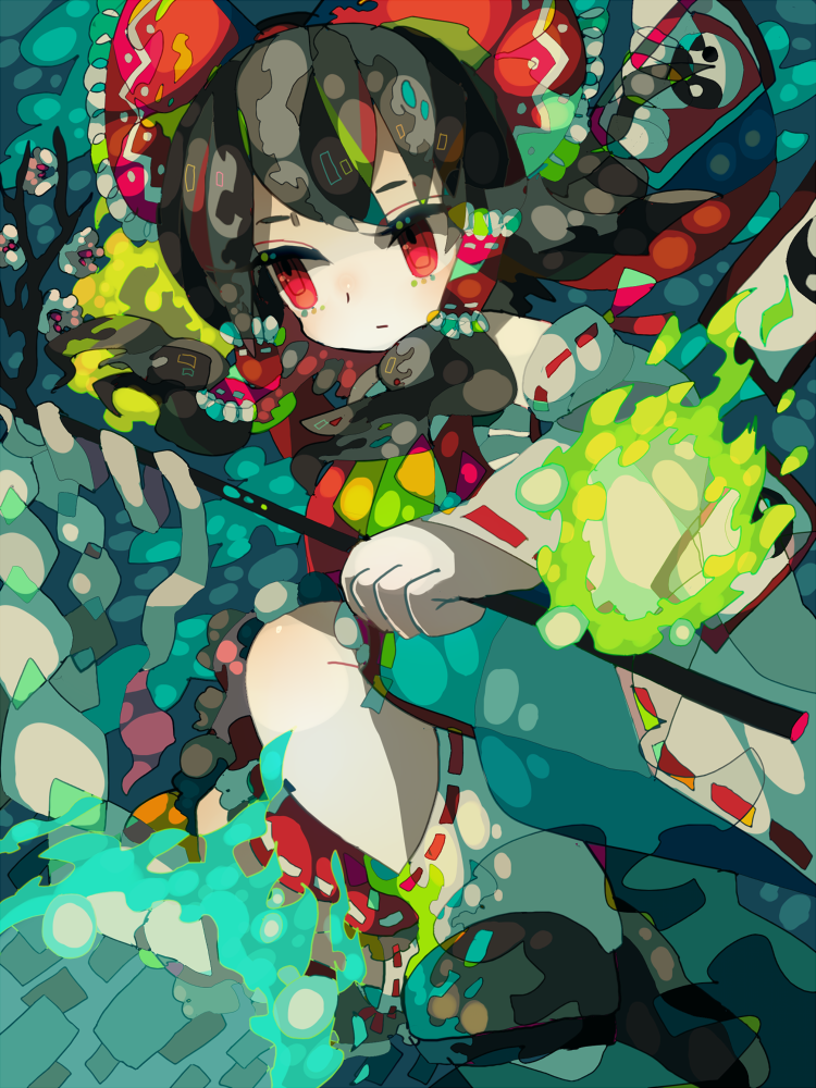 1girl, abstract, bad_id, bad_pixiv_id, bow, branch, bubble, detached_sleeves