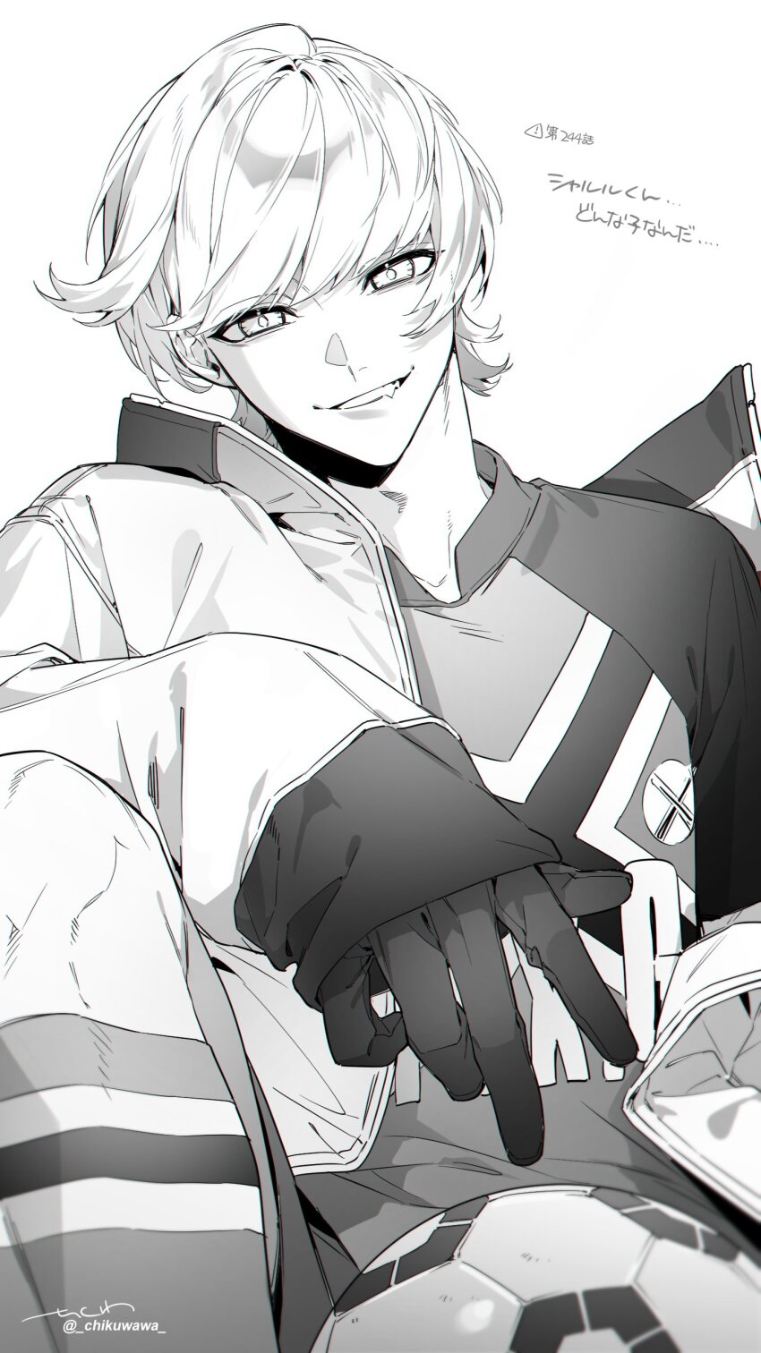 1boy, absurdres, ball, blue_lock, charles_chevalier, chikuwa_(dr0603), commentary_request, fang, gloves, greyscale, highres, looking_at_viewer, male_focus, monochrome, paris_x_gen_soccer_uniform, short_hair, signature, simple_background, soccer_ball, solo, teeth, translation_request, twitter_username, white_background