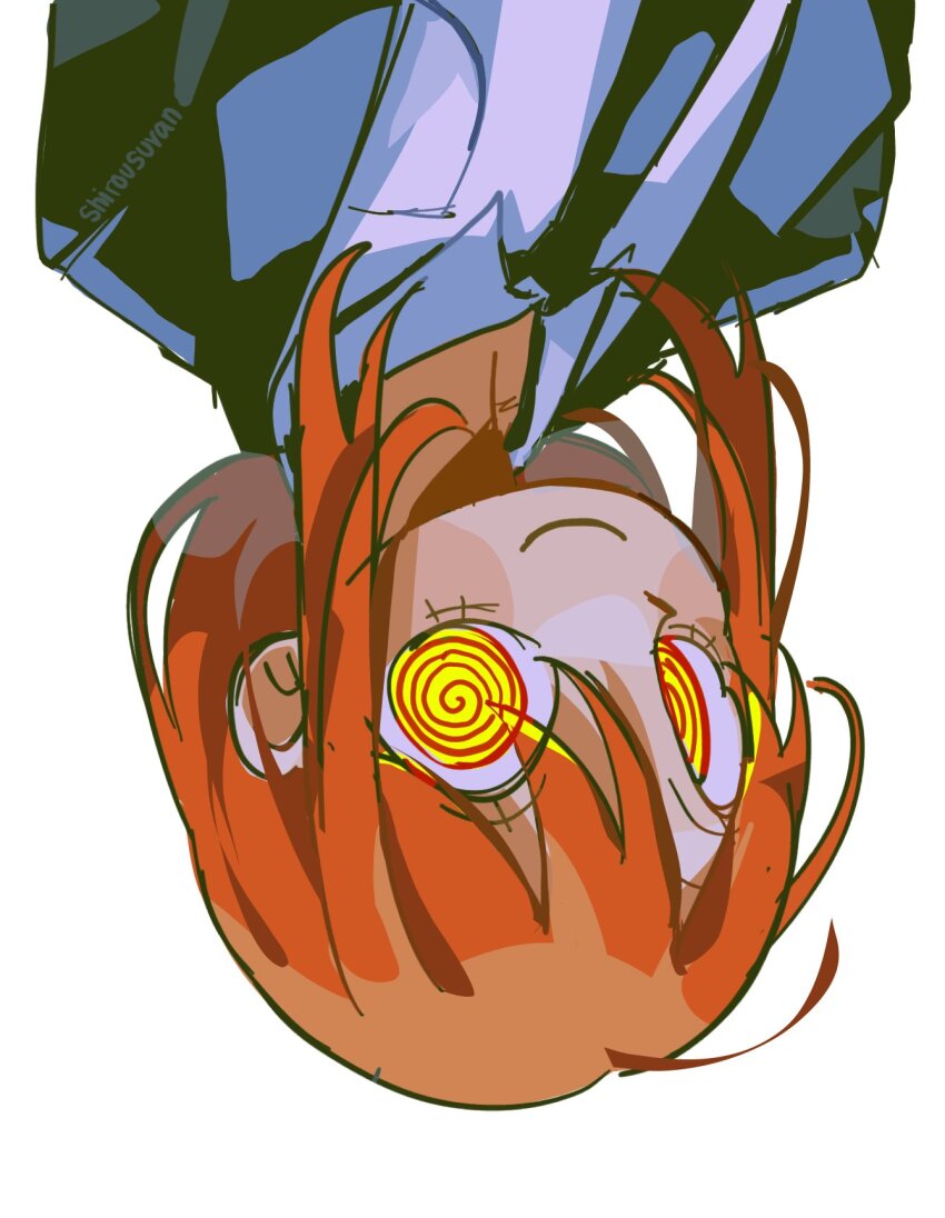 1girl, black_coat, black_necktie, chainsaw_man, closed_mouth, coat, grey_shirt, highres, looking_at_viewer, makima_(chainsaw_man), necktie, ringed_eyes, shirousuvan, shirt, simple_background, smile, solo, upside-down, white_background, yellow_eyes