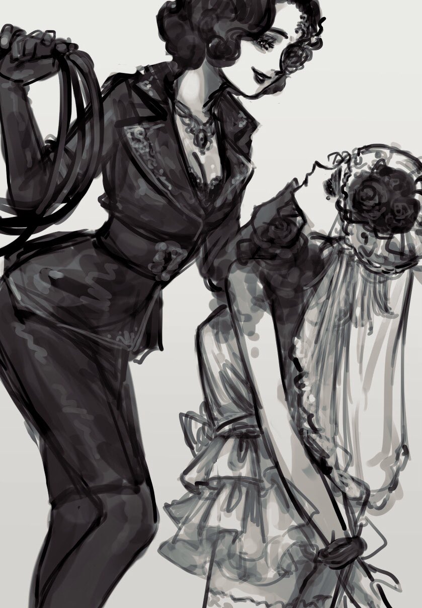 2girls, arms_behind_back, bdsm, black_lips, bound, bound_wrists, breasts, cleavage, curly_hair, dress, elbow_gloves, eye_contact, femdom, flower, formal_clothes, gloves, greyscale, hand_on_another's_chin, highres, holding, identity_v, jacket, jewelry, lipstick, looking_at_another, makeup, margaretha_zelle, margaretha_zelle_(vile_blossom), medium_breasts, monochrome, multiple_girls, necklace, nonnonsis123, pants, short_hair, simple_background, smile, suit, thighhighs, veil, vera_nair, vera_nair_(crimson_bride), wedding_dress, yuri