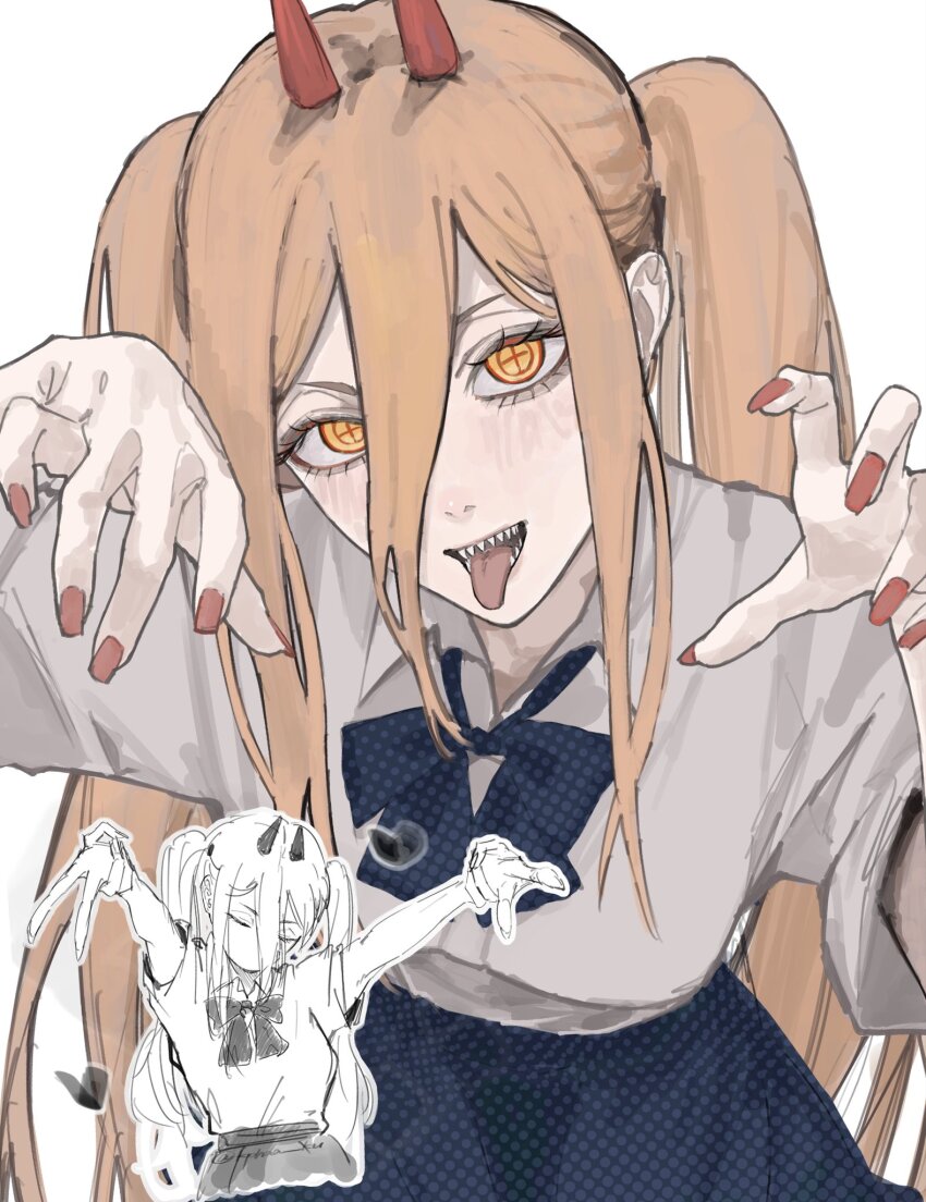 1girl, blonde_hair, blue_bow, blue_bowtie, blue_skirt, bow, bowtie, chainsaw_man