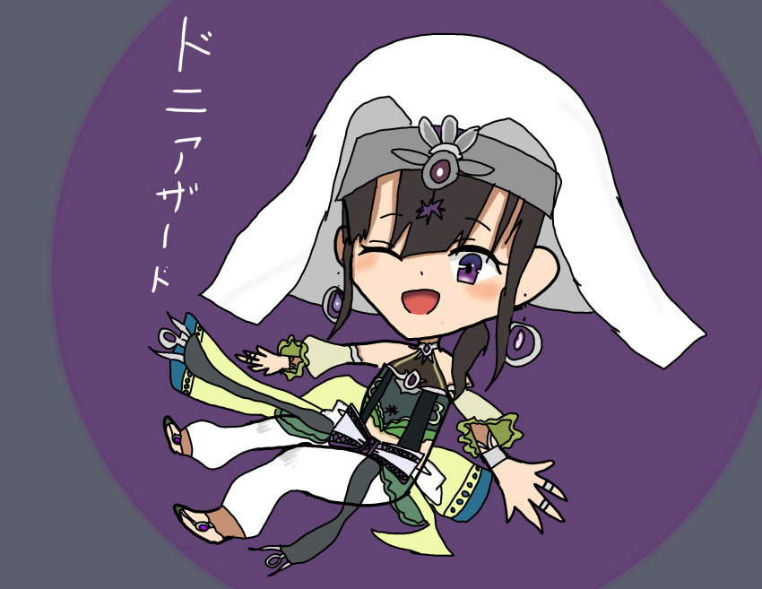 1girl, ;d, brown_hair, chibi, chibi_only, dunyazad_(grimms_notes), full_body, grimms_notes