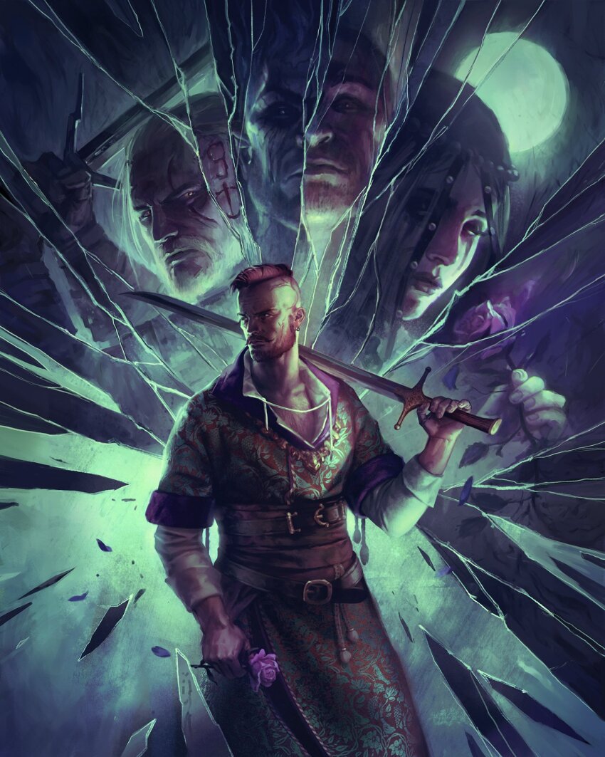 1girl, 3boys, beard, broken_glass, brown_hair, facial_hair, flower, full_moon